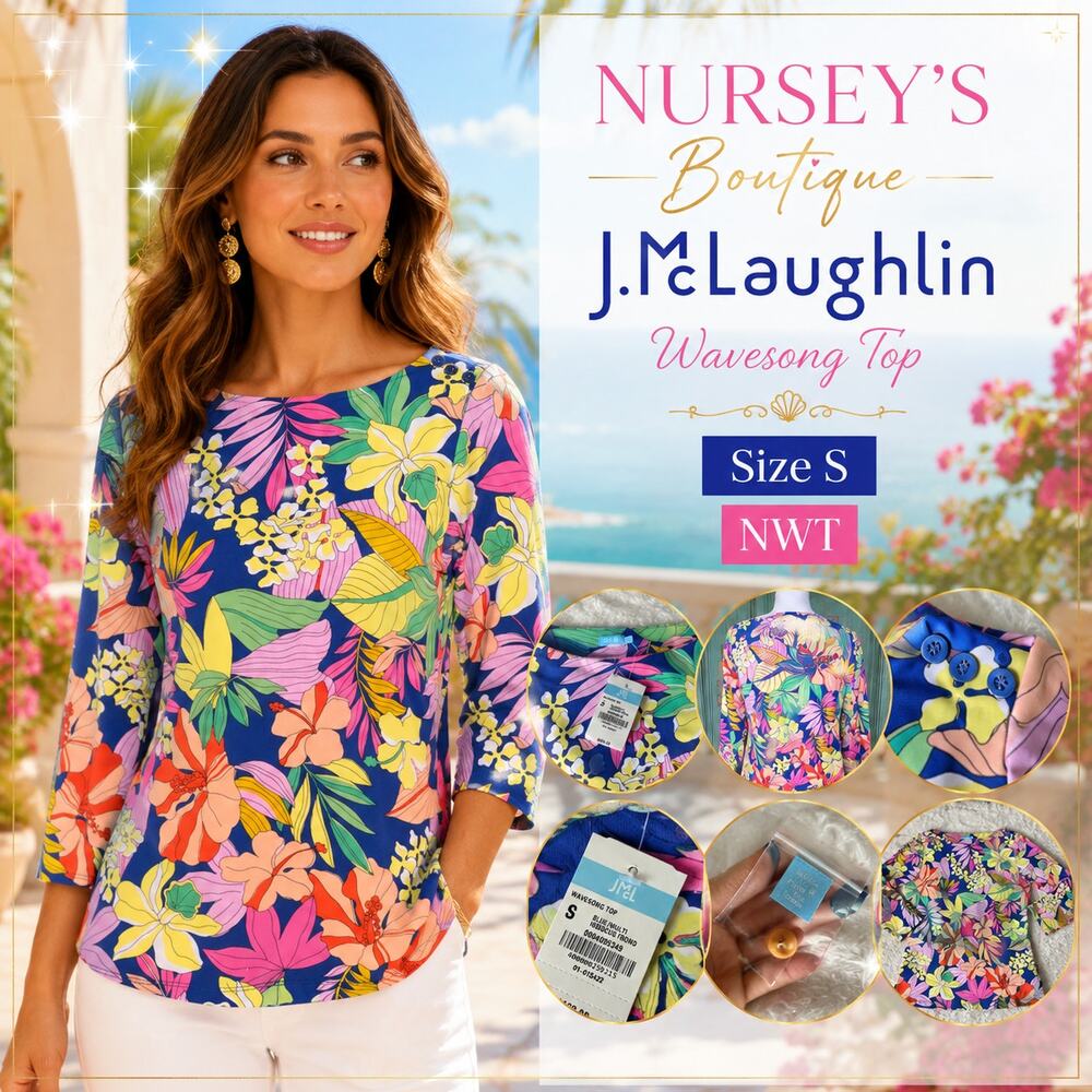 J.McLaughlin Wavesong Top S Blue Multi Hibiscus Frond NWT
